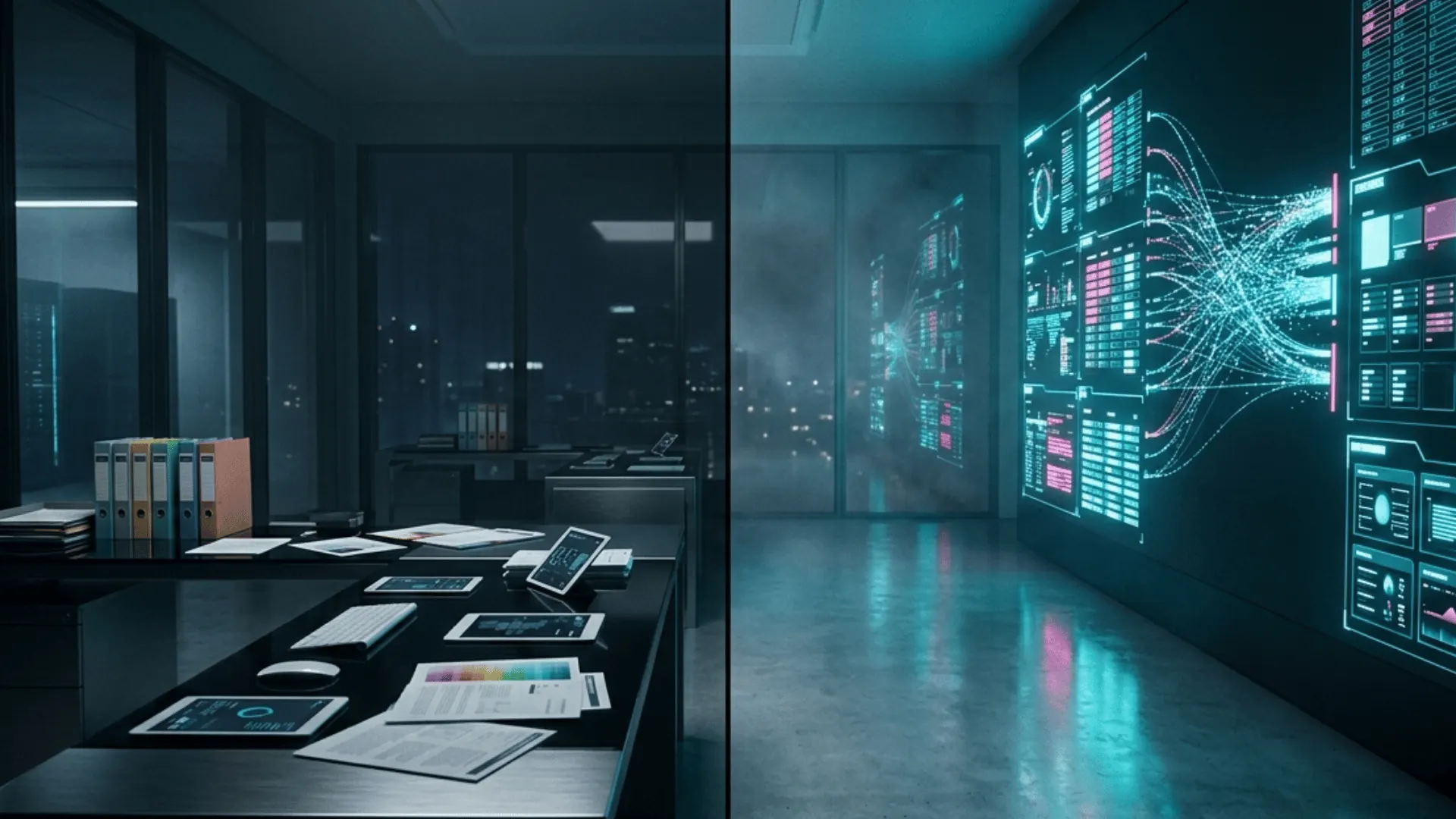 Control room with AI knowledge base displays and abstract interface
