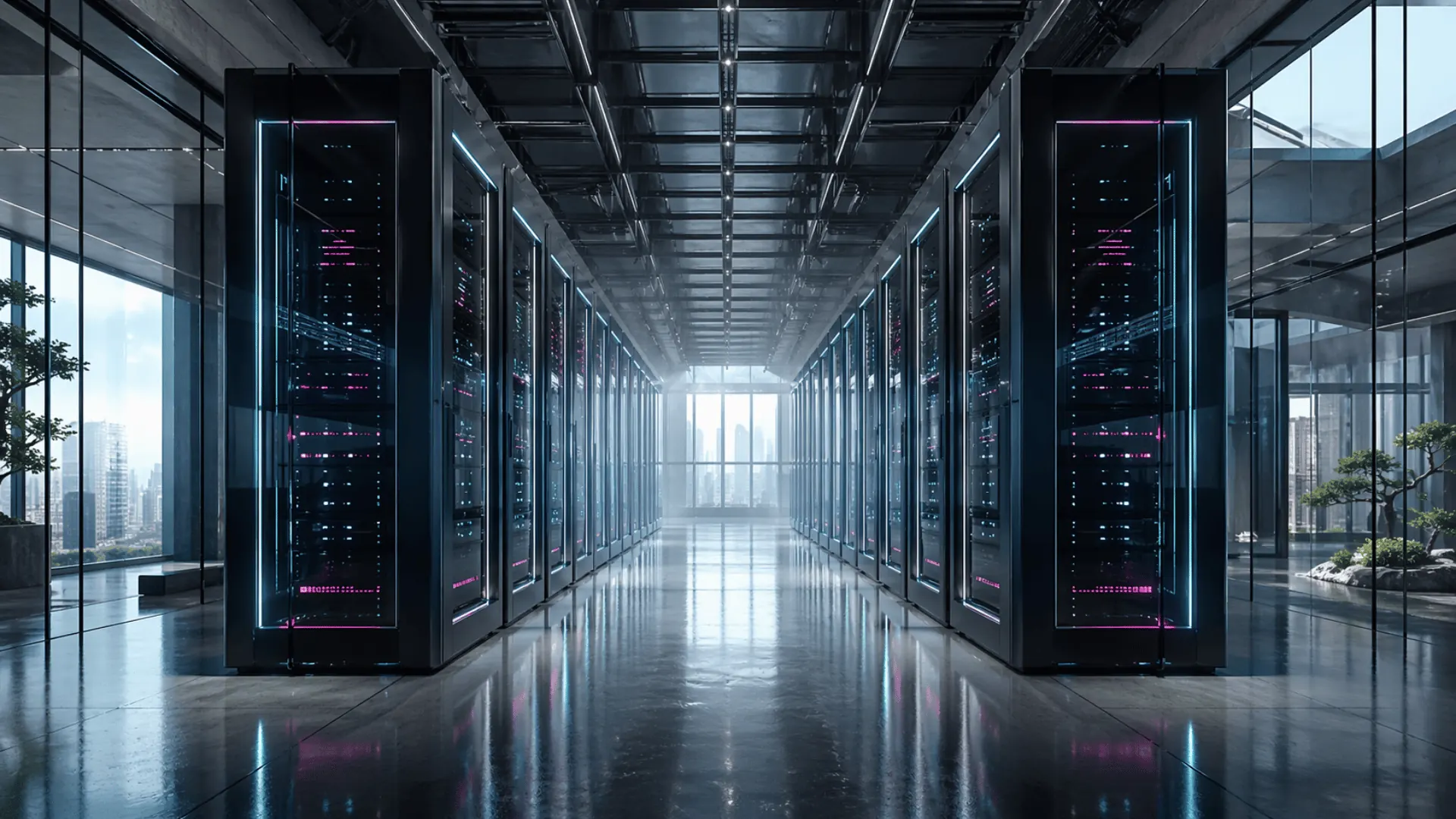 Glass and steel data centre with abstract knowledge system interface