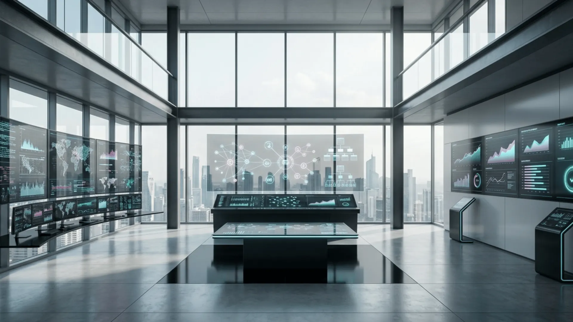 Corporate atrium with structured data displays and daylight