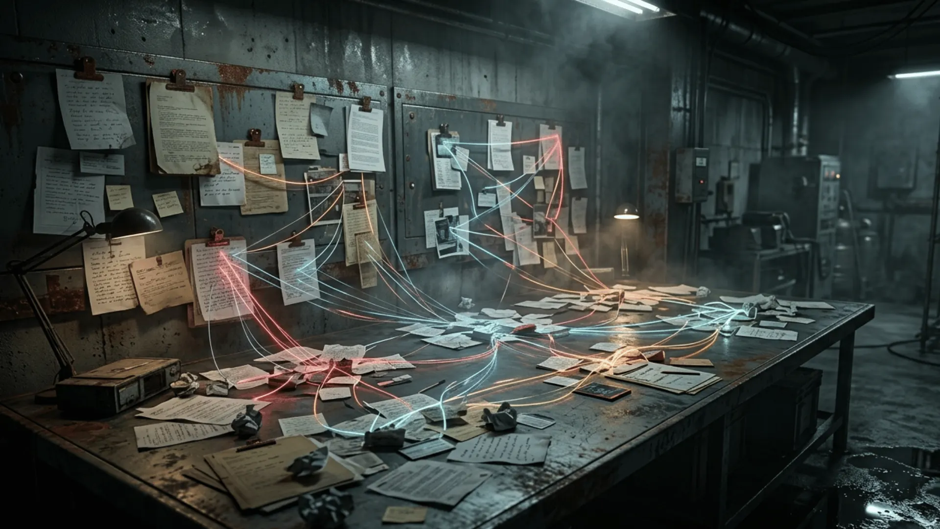 Research lab with evidence review materials and abstract data connections