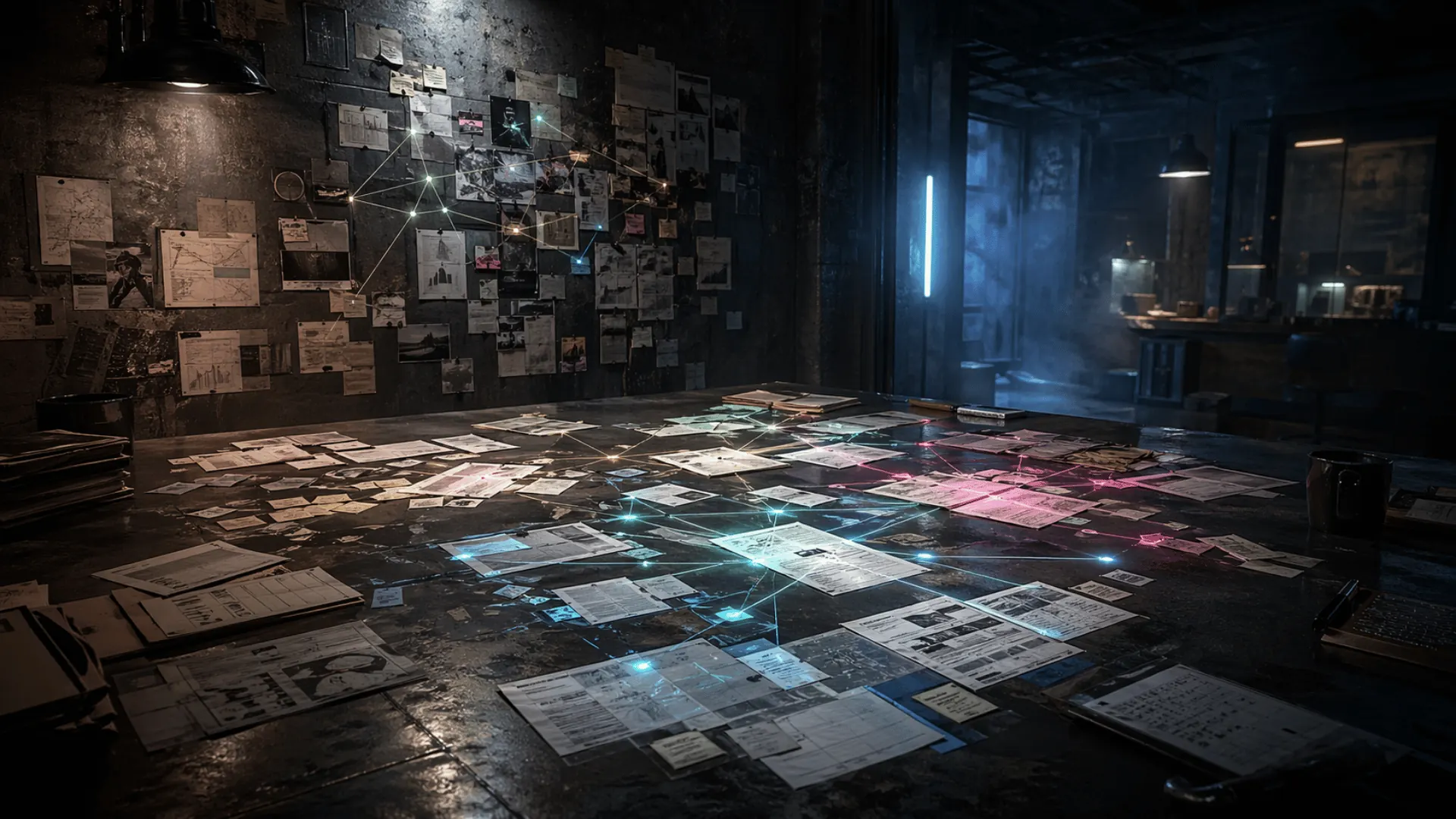 Research lab with source traceability links across evidence material