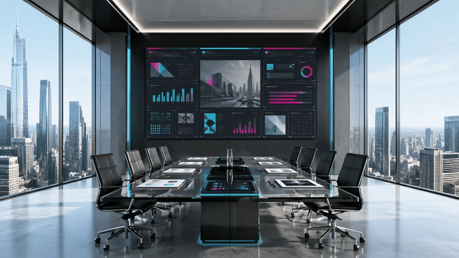 Boardroom with insight generation display and skyline