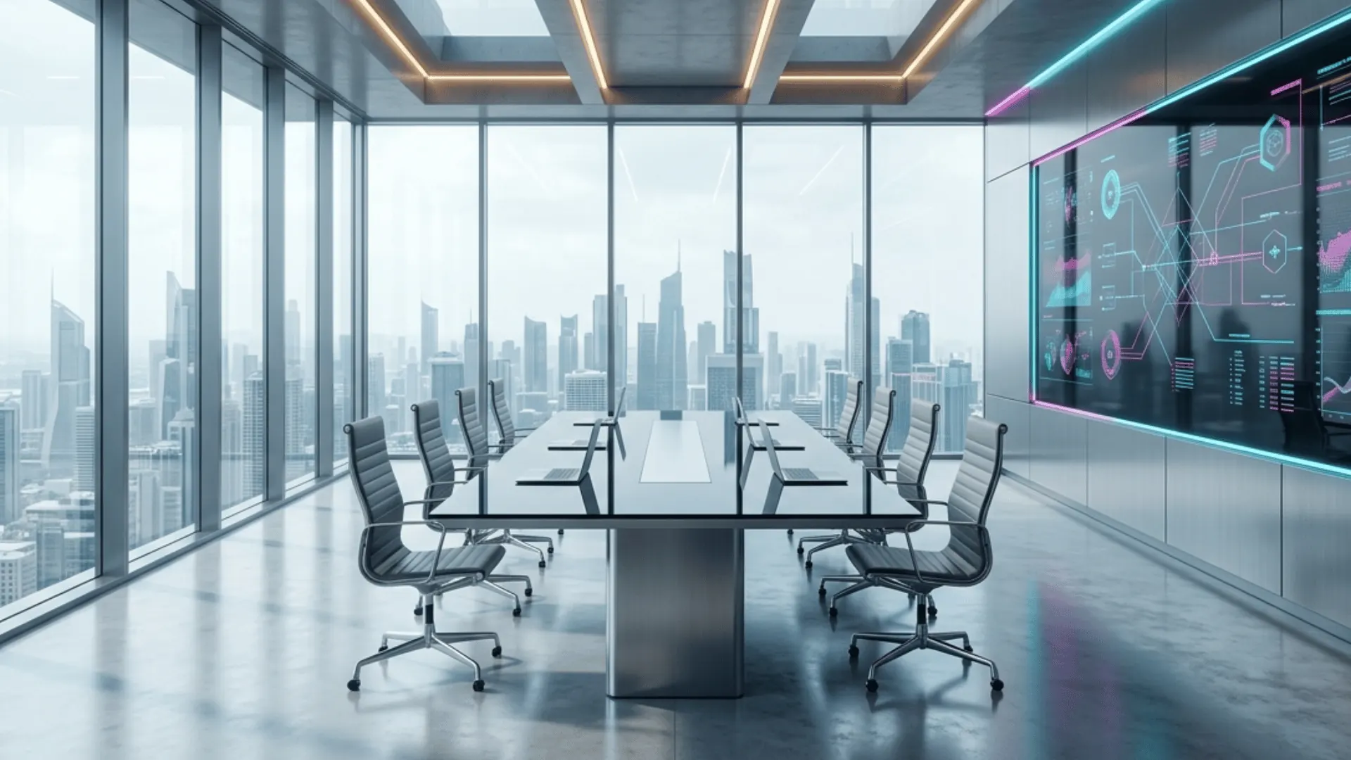 Boardroom with report writing display and city skyline