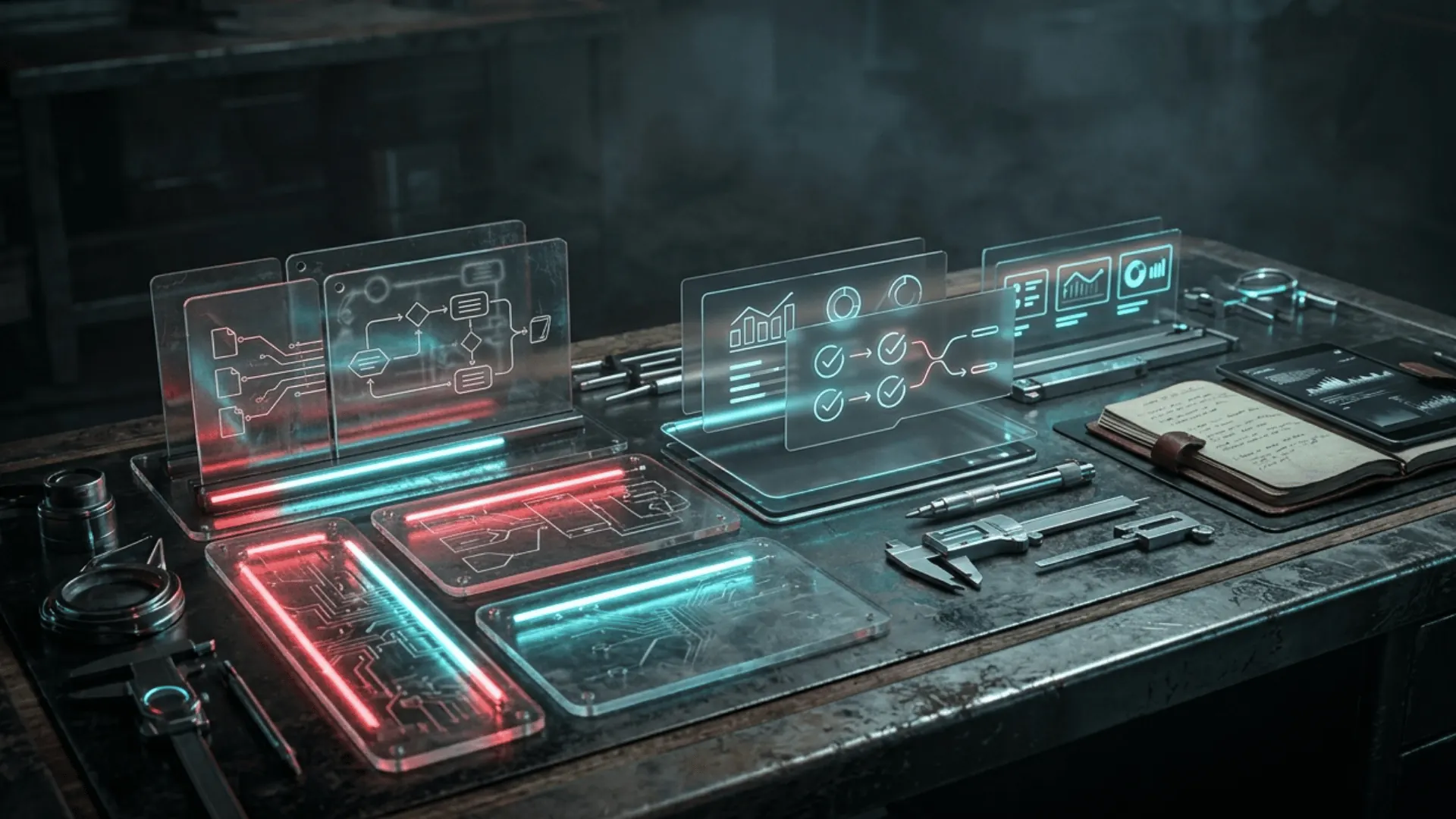 Research intelligence room with abstract document analysis interface