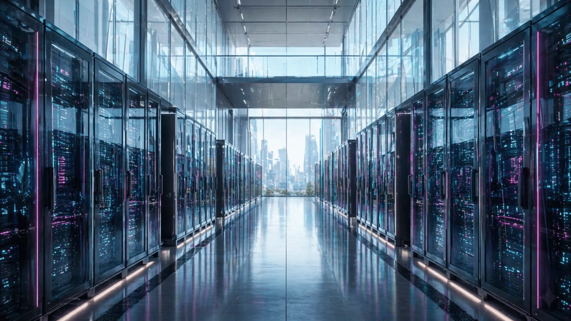 Symmetrical data centre corridor with knowledge base displays