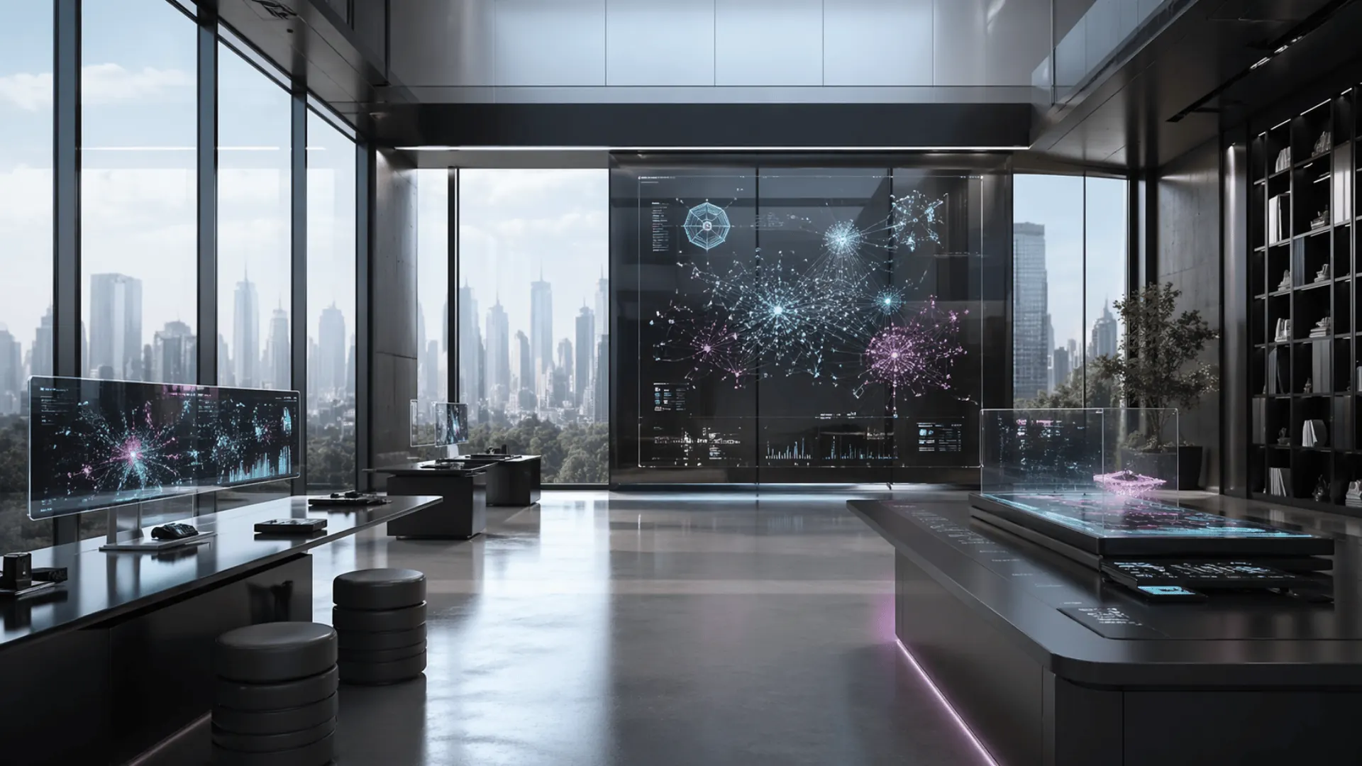 Executive office with decision support display and skyline