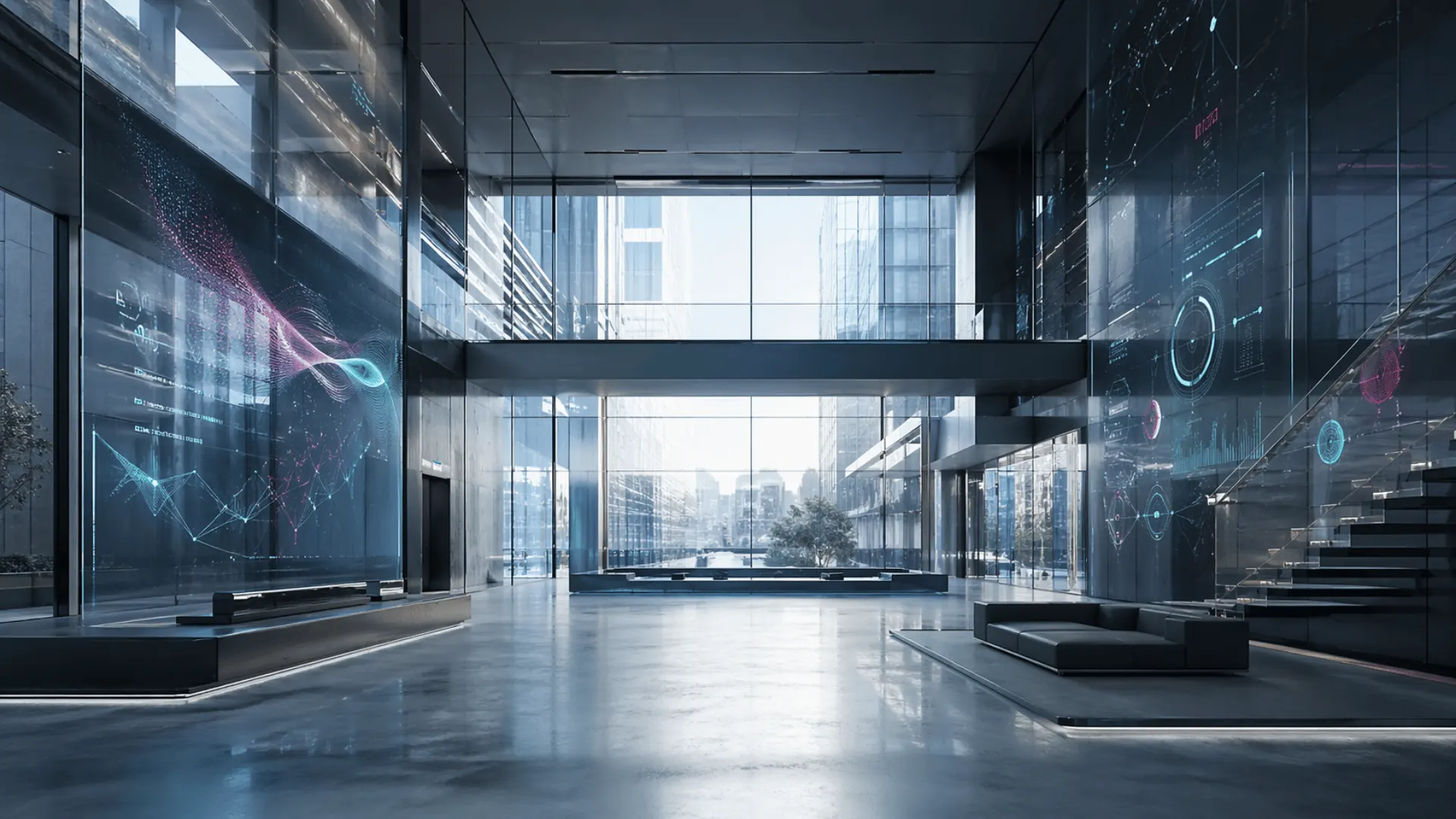 Corporate atrium with structured information architecture and glass levels