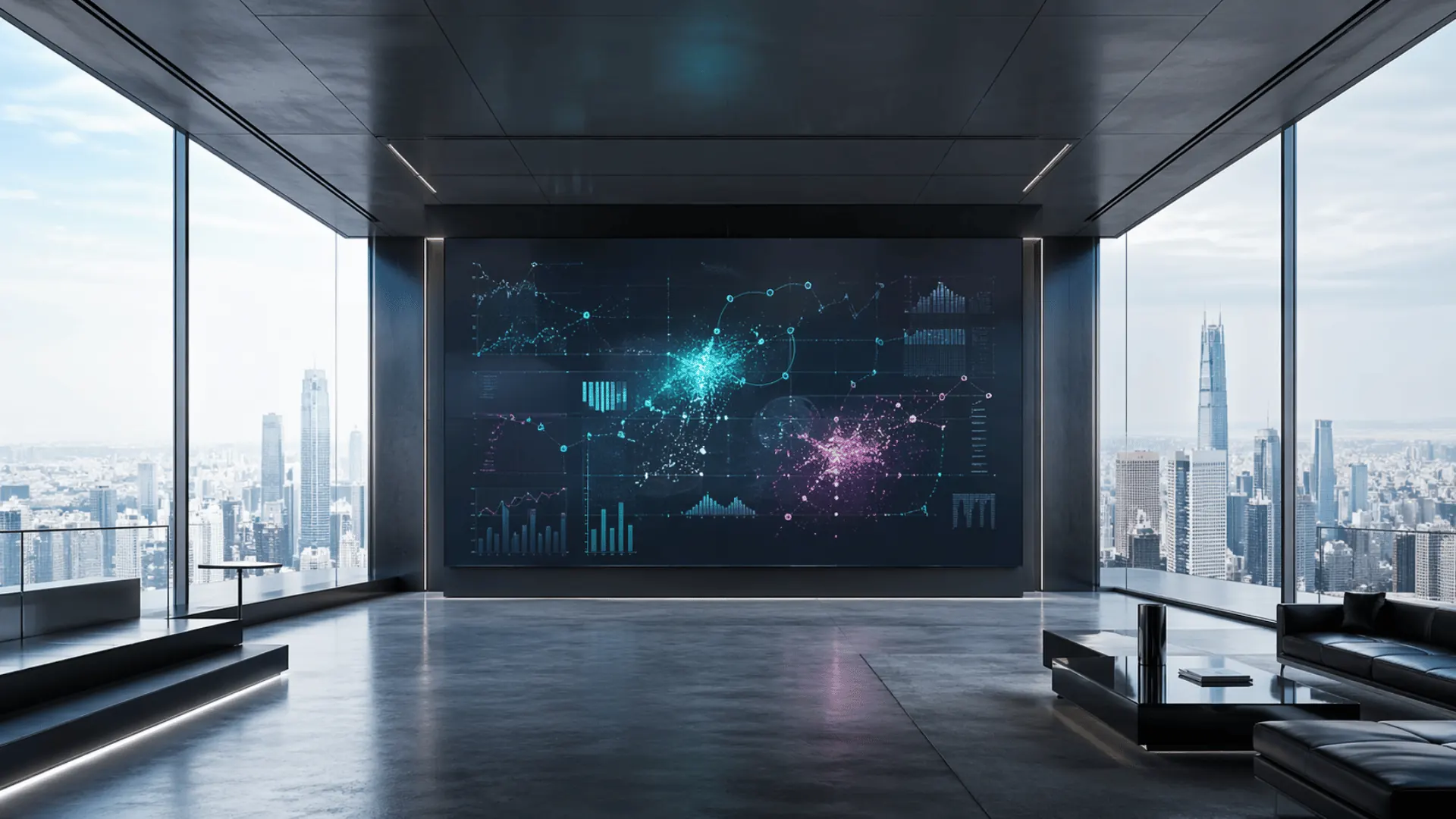 Executive office with abstract insight signals and skyline view
