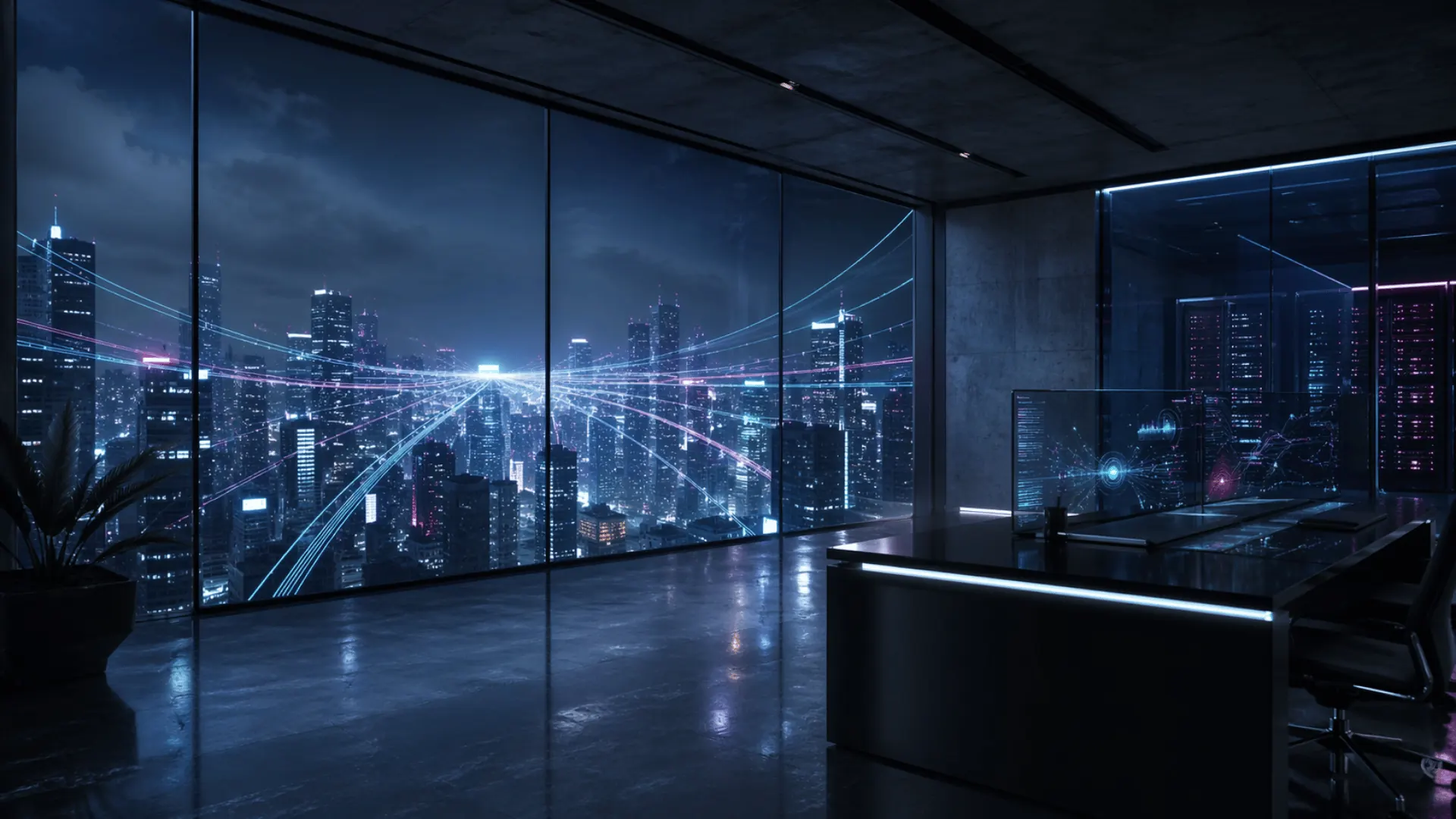 Executive office with abstract insight signals and city view