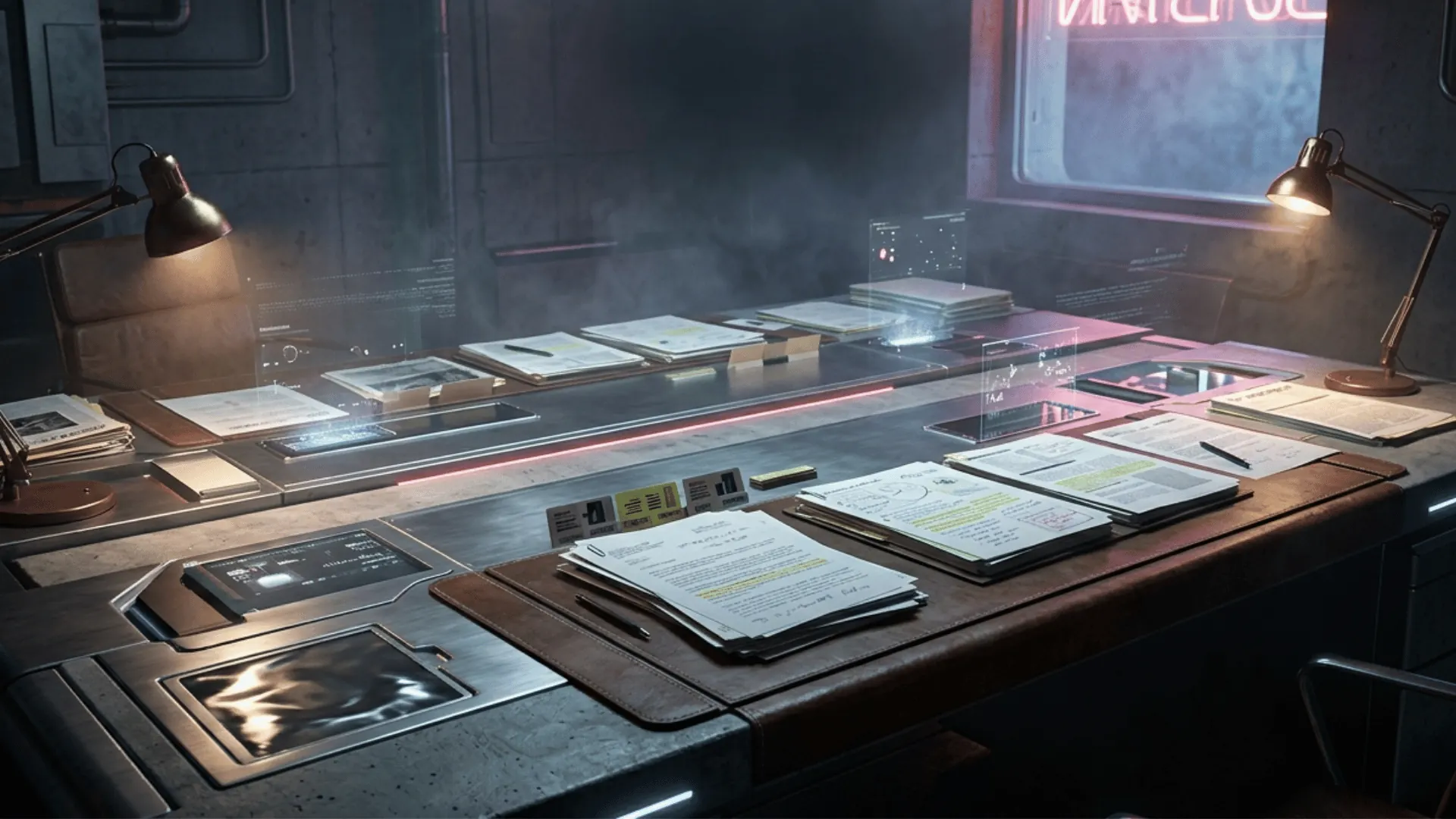 Research workspace with report materials and daylight
