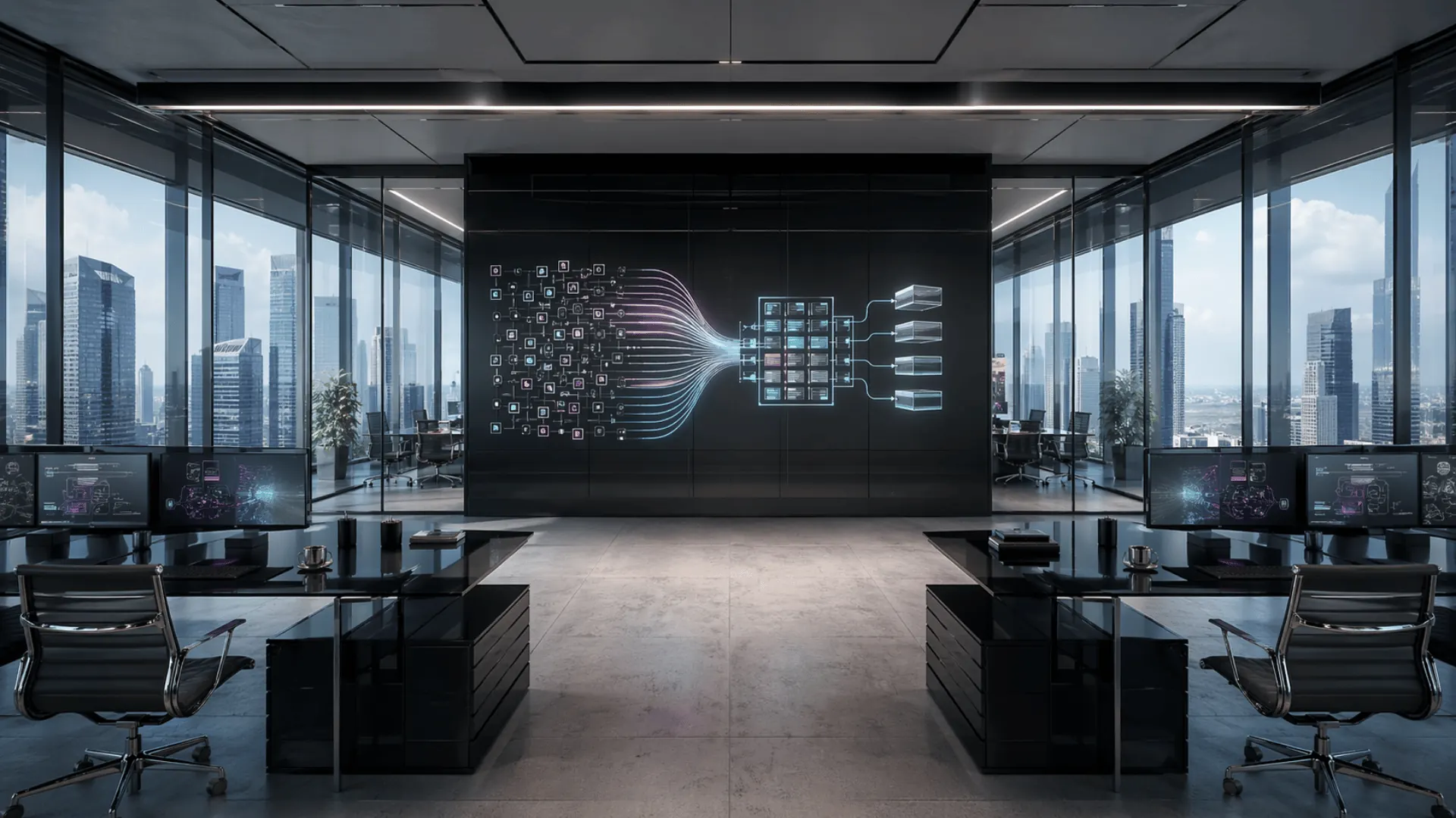Symmetrical boardroom with reporting system display