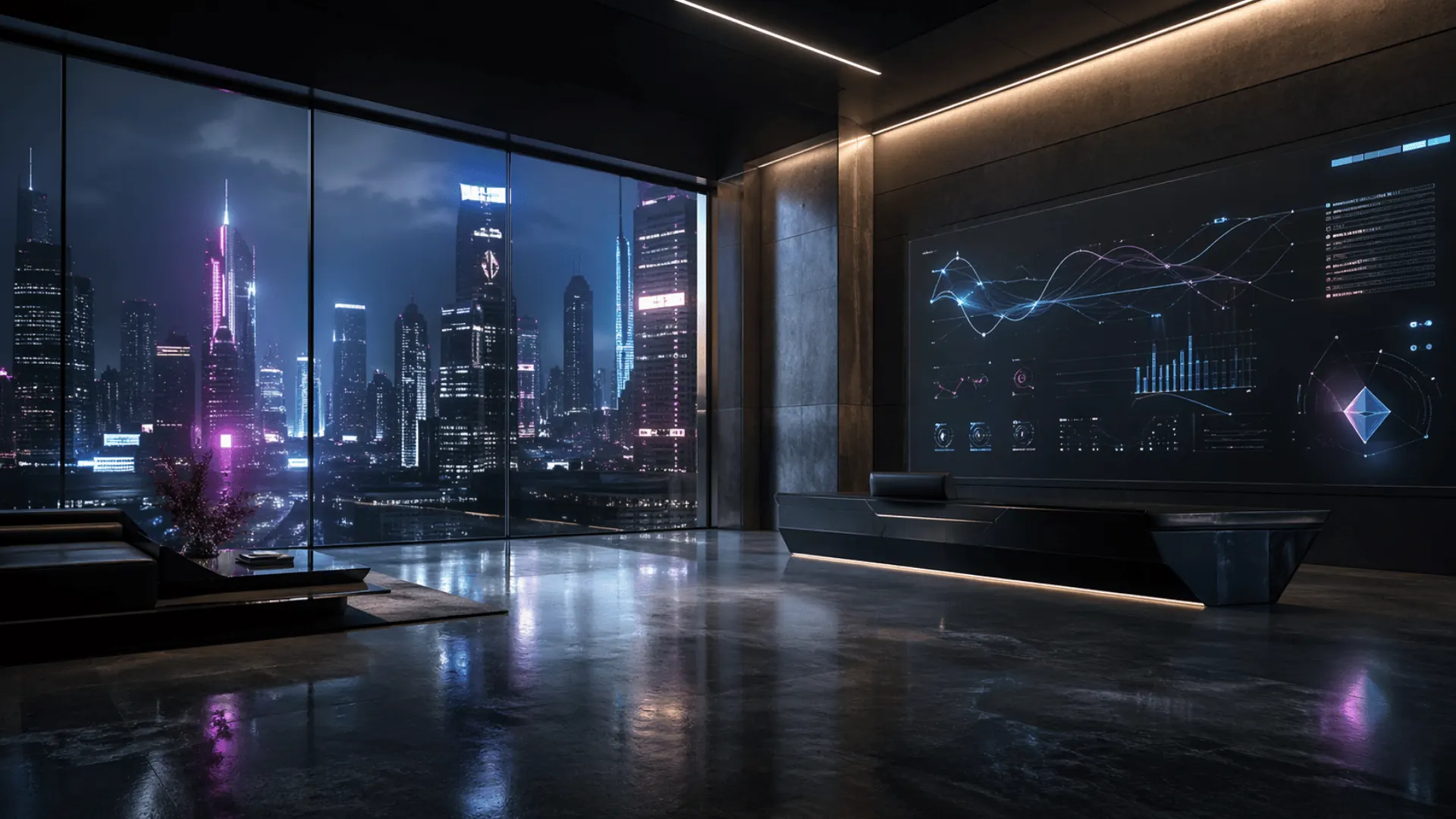 Executive office with reporting system display and city view
