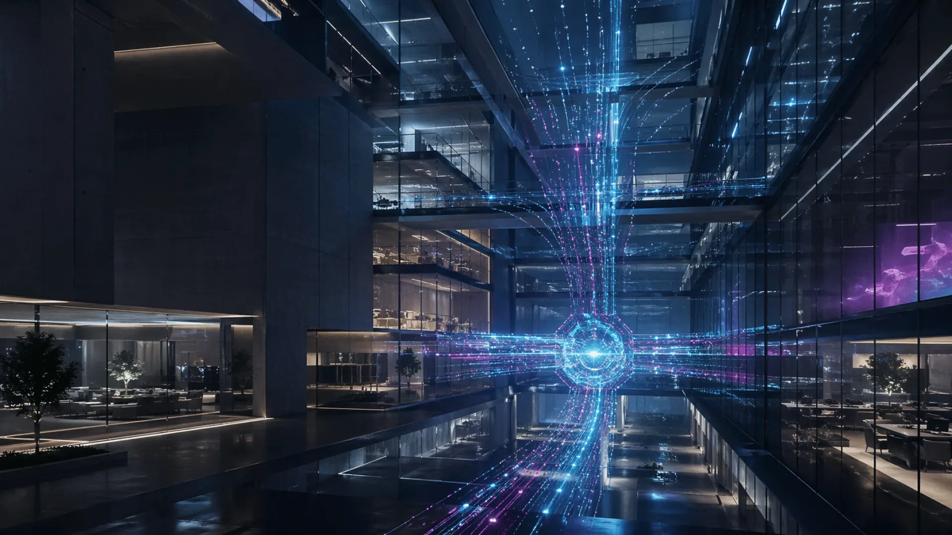 Corporate atrium with abstract workflow automation signals