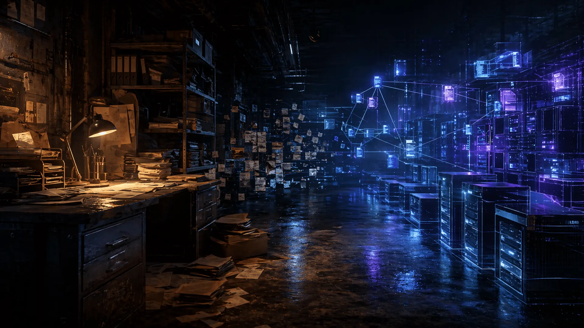 Industrial operations room with abstract workflow systems