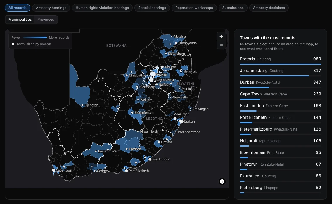 Map of South Africa shading the municipalities where the Commission's records were made, with Pretoria, Johannesburg and Durban holding the most