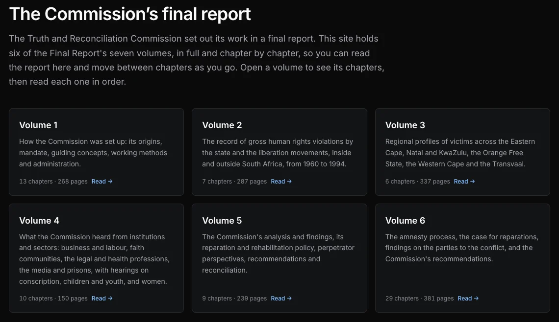 The six Final Report volumes, each with its chapter and page count