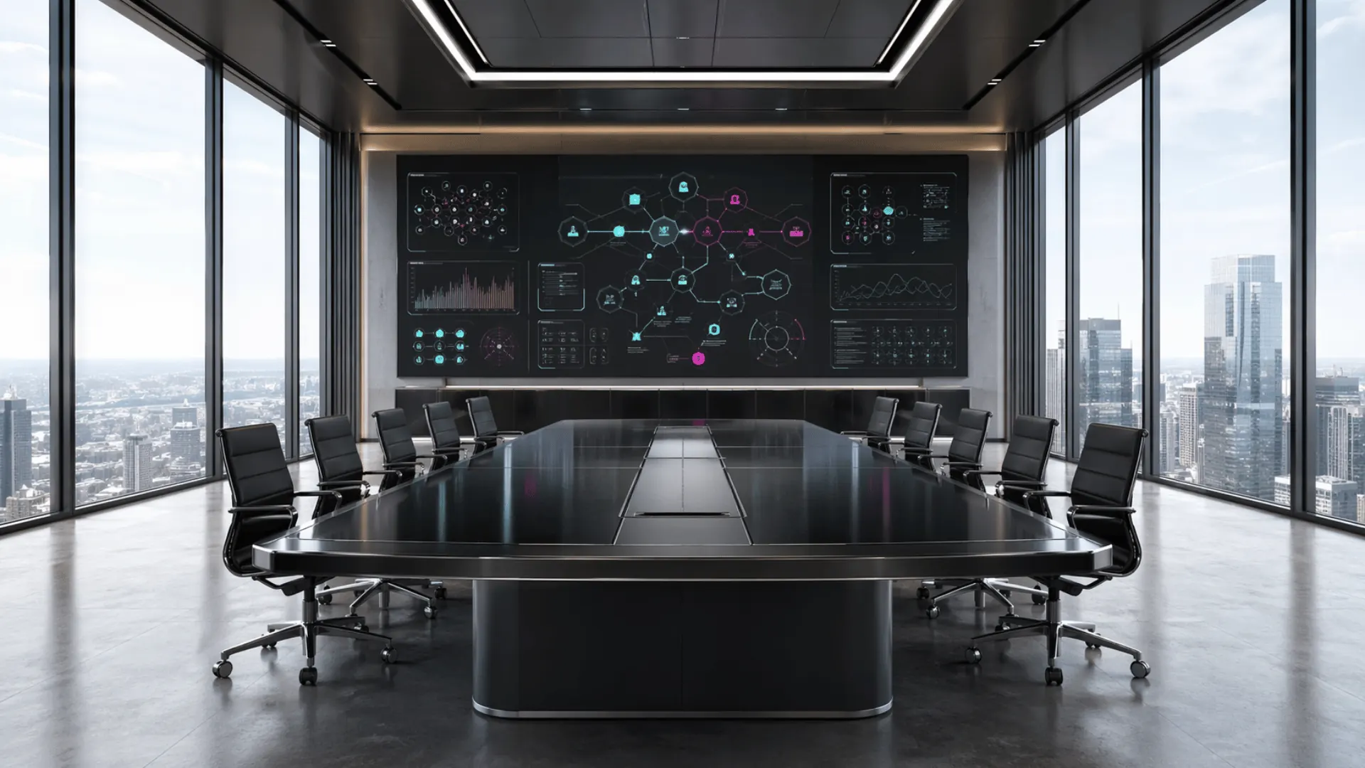 Boardroom with data synthesis display and city view