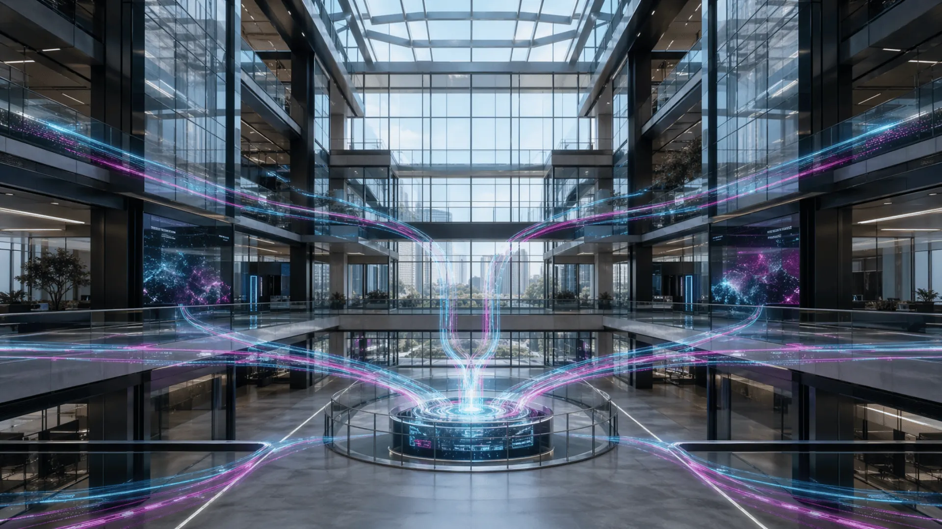 Corporate atrium showing abstract information flow across a large organisation