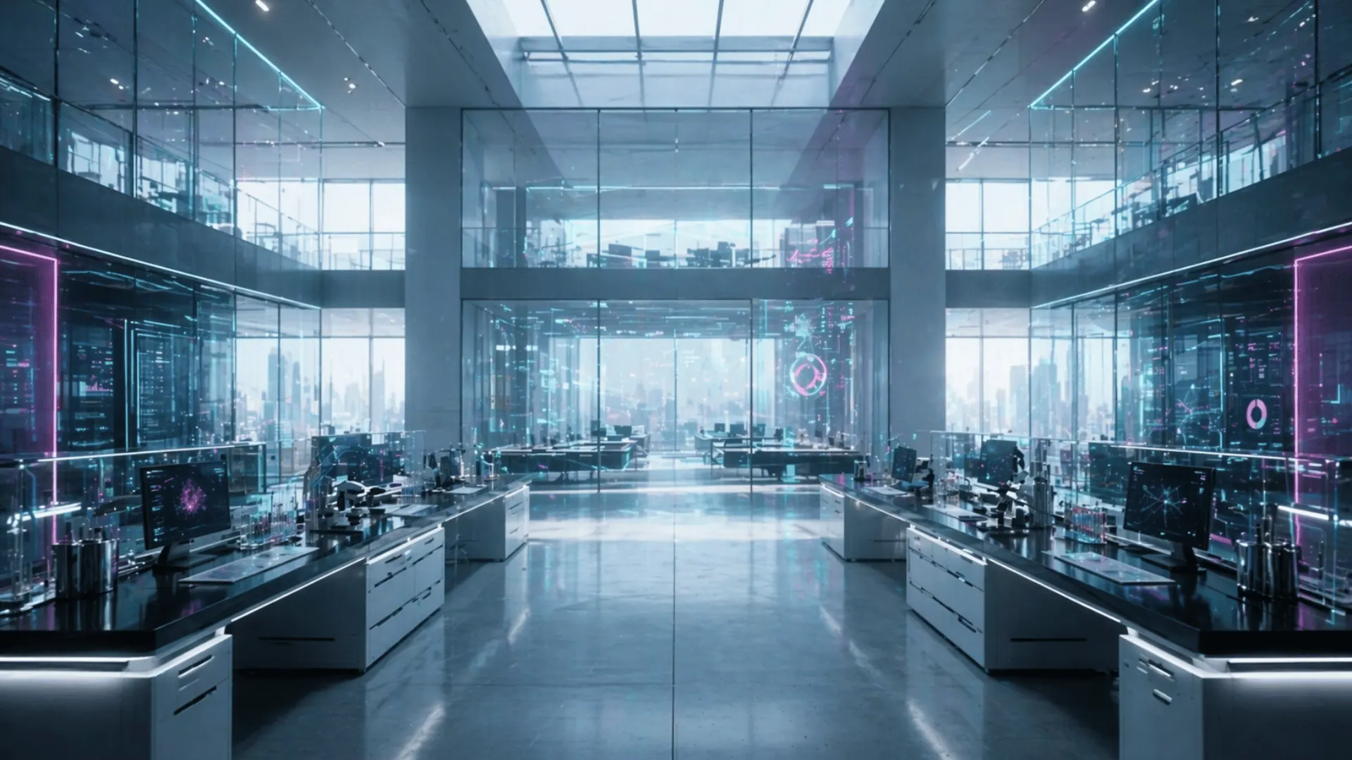 Future corporate atrium with structured evidence and workflow displays