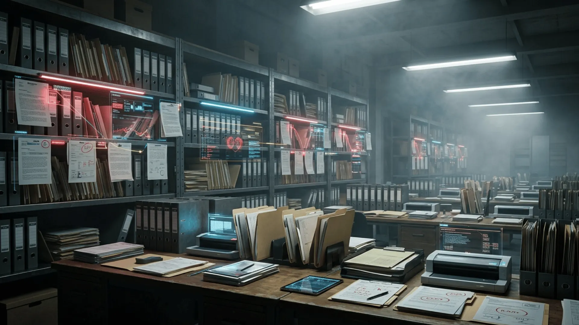 Daylit research room with organised evidence and analysis desks