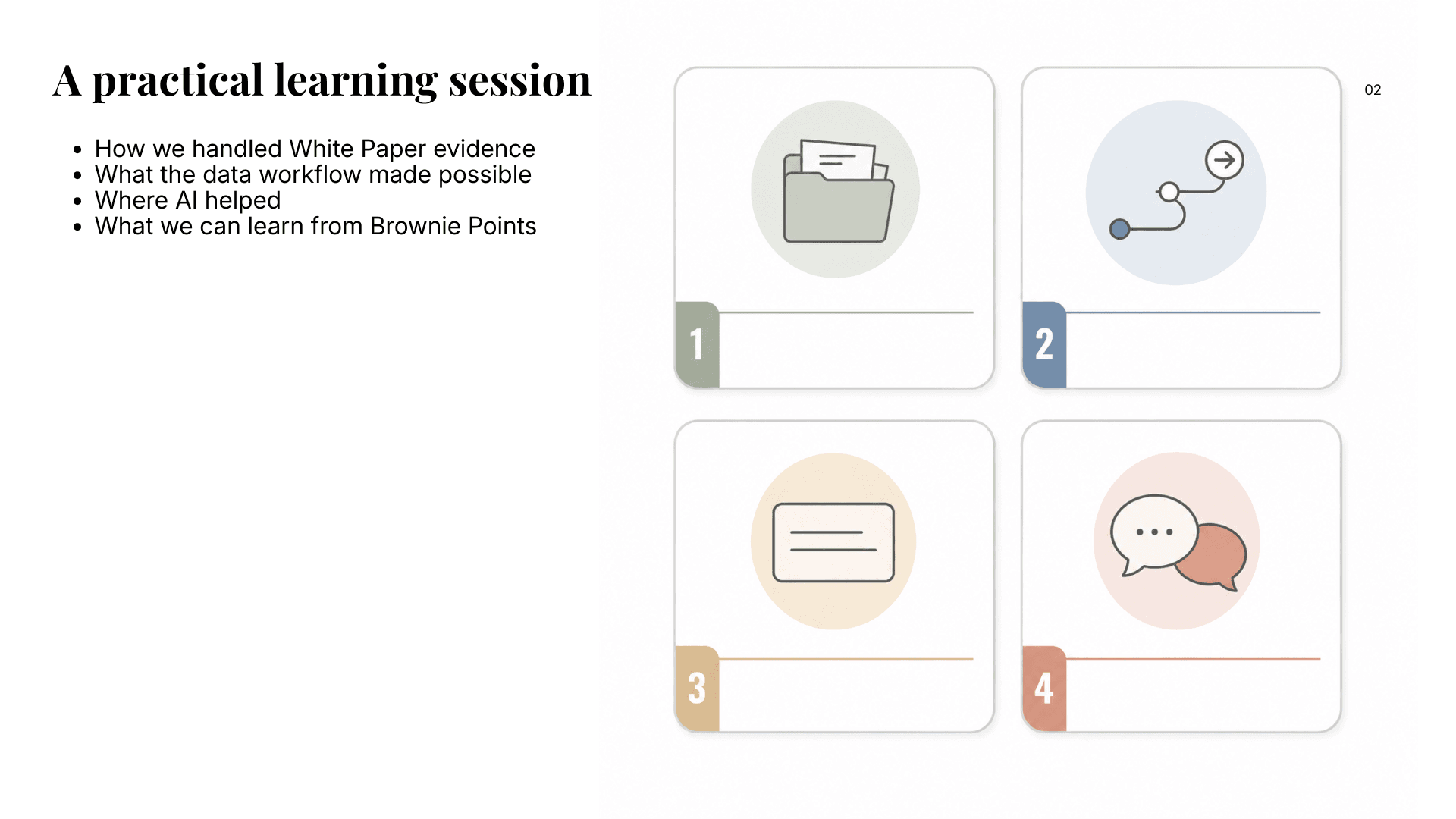 Slide outlining the practical learning session for the WPLG evidence workflow.