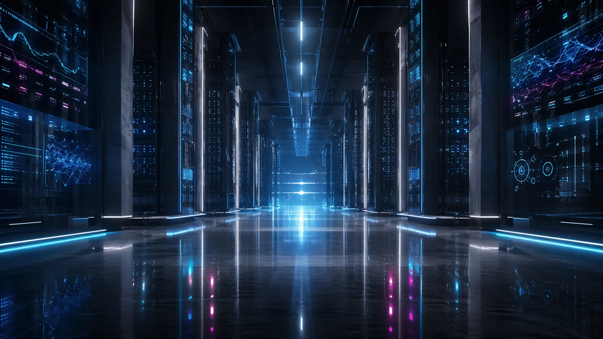 Server room with abstract knowledge base displays and retrieval signals