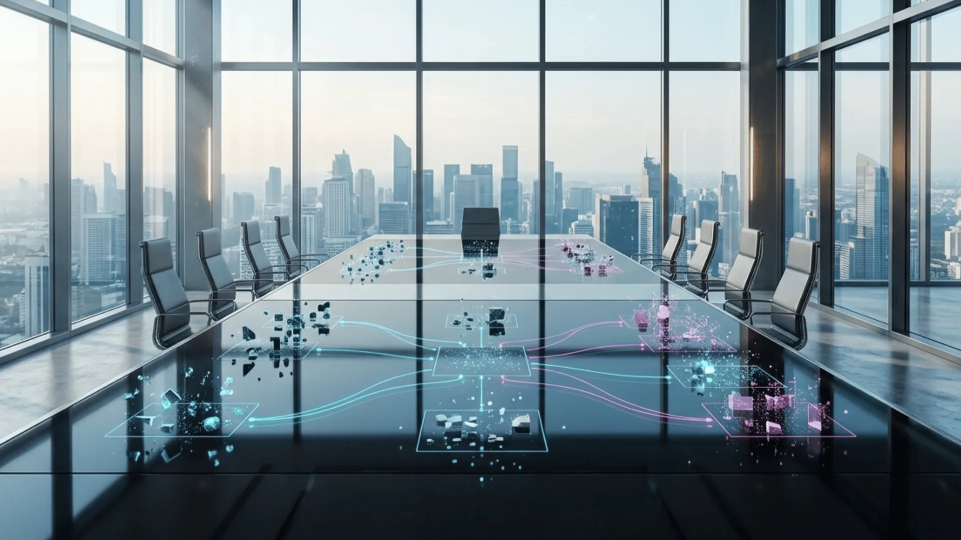 Daylit boardroom with clustered abstract data visuals
