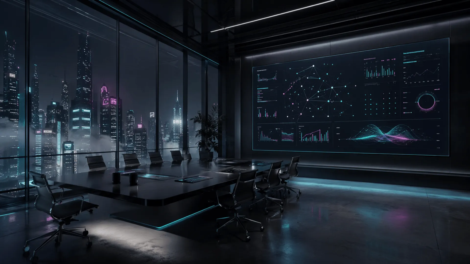 Meeting room with abstract data synthesis displays