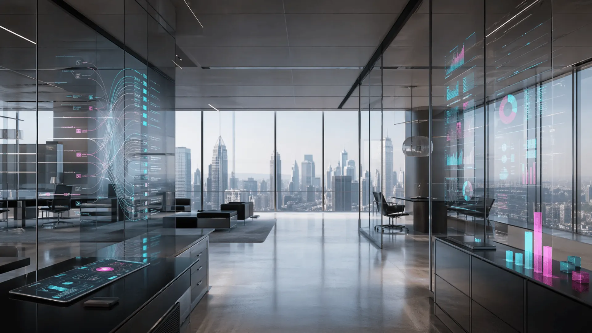 Executive office with structured data display and skyline