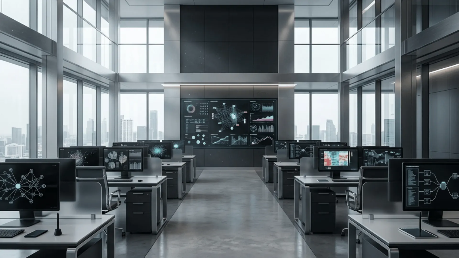 Open office with organised data systems and clean workstations