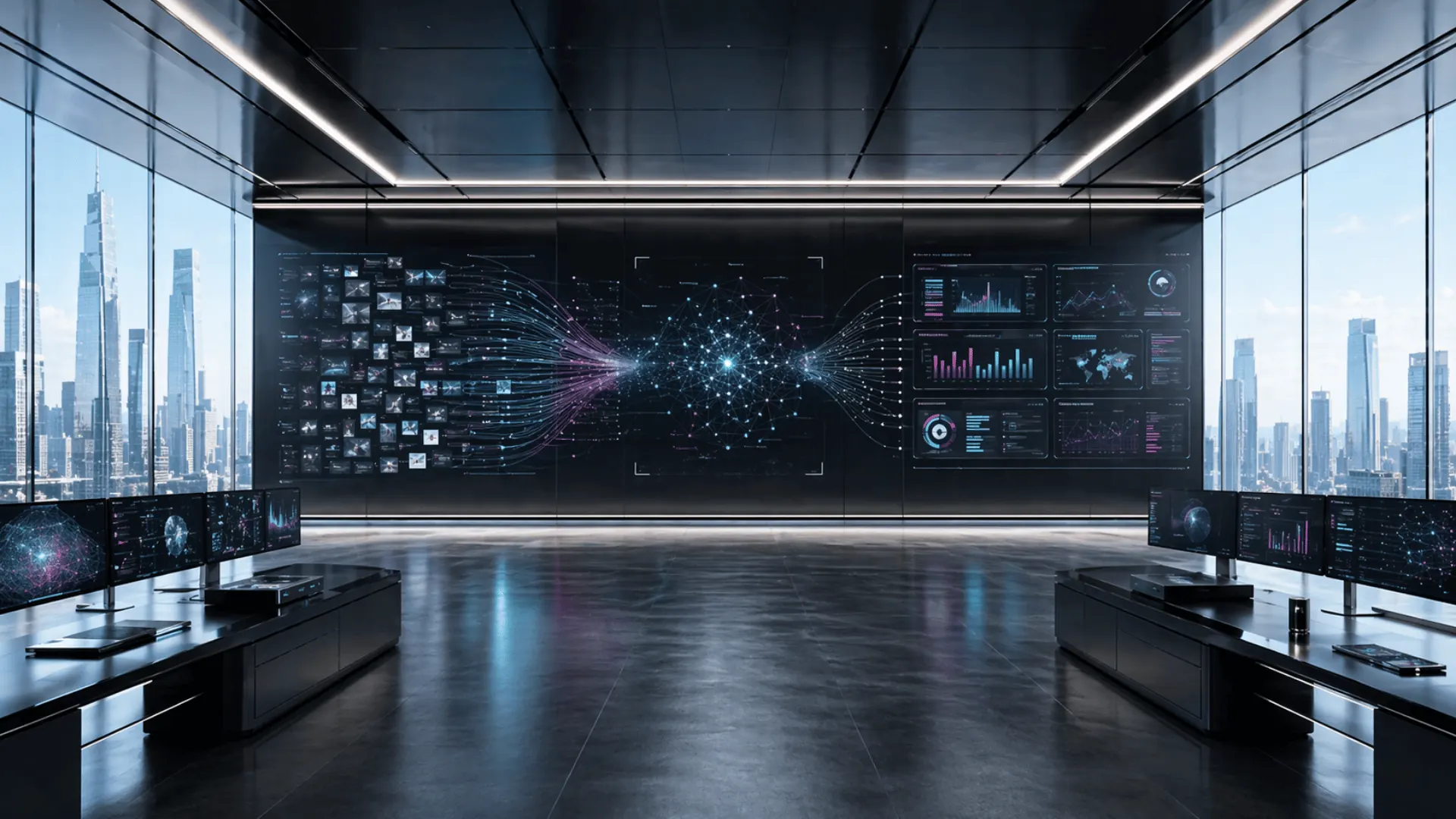 Boardroom with decision-ready insight display and city view