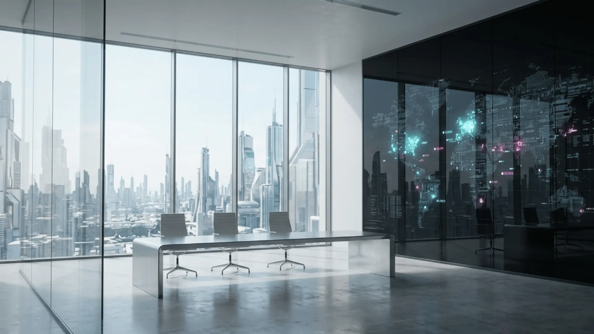 Calm executive office with skyline view and abstract decision signals