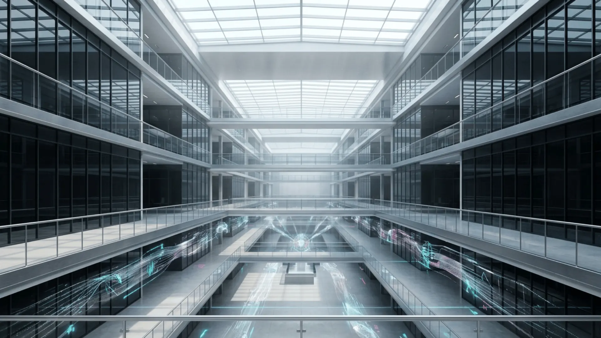 Symmetrical corporate atrium with structured evidence systems and daylight