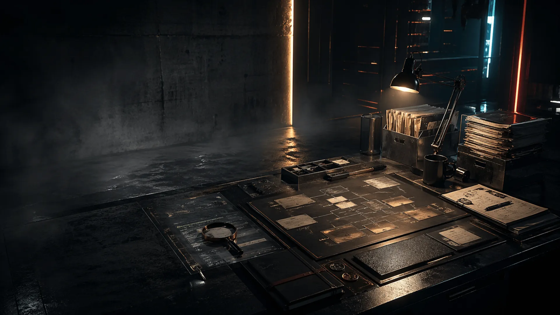 Research workspace with scattered evidence materials and polished data surfaces