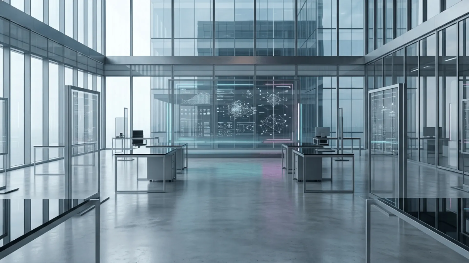 Corporate atrium with clean information architecture and glass interior