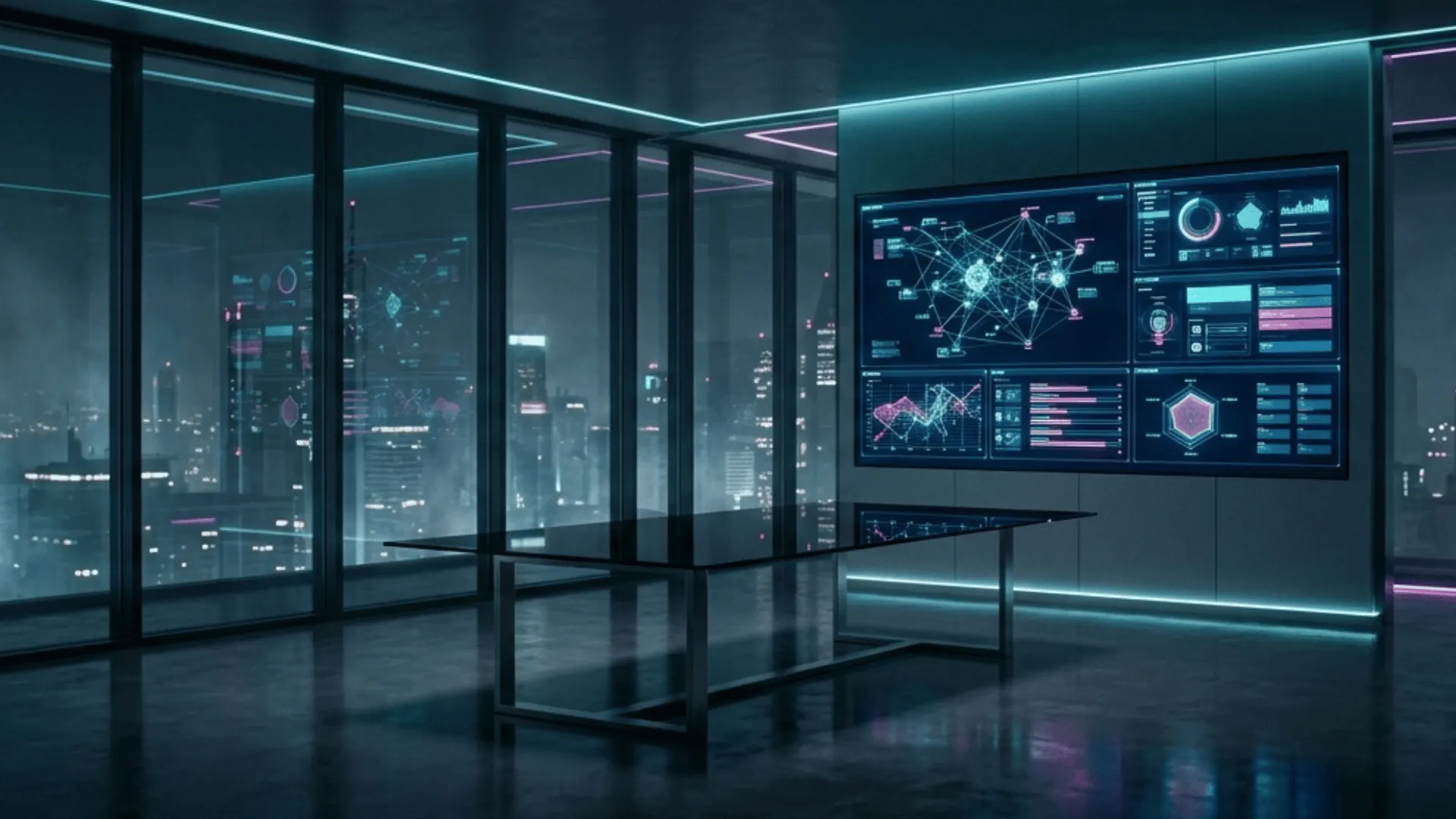 Control room with abstract operational dashboards and city view