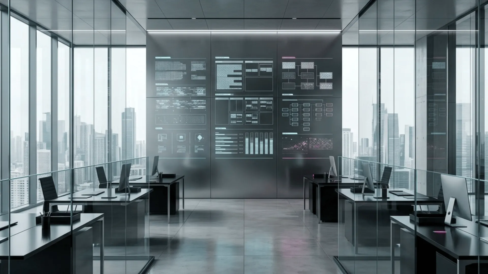 Meeting room with abstract reporting layouts on glass walls
