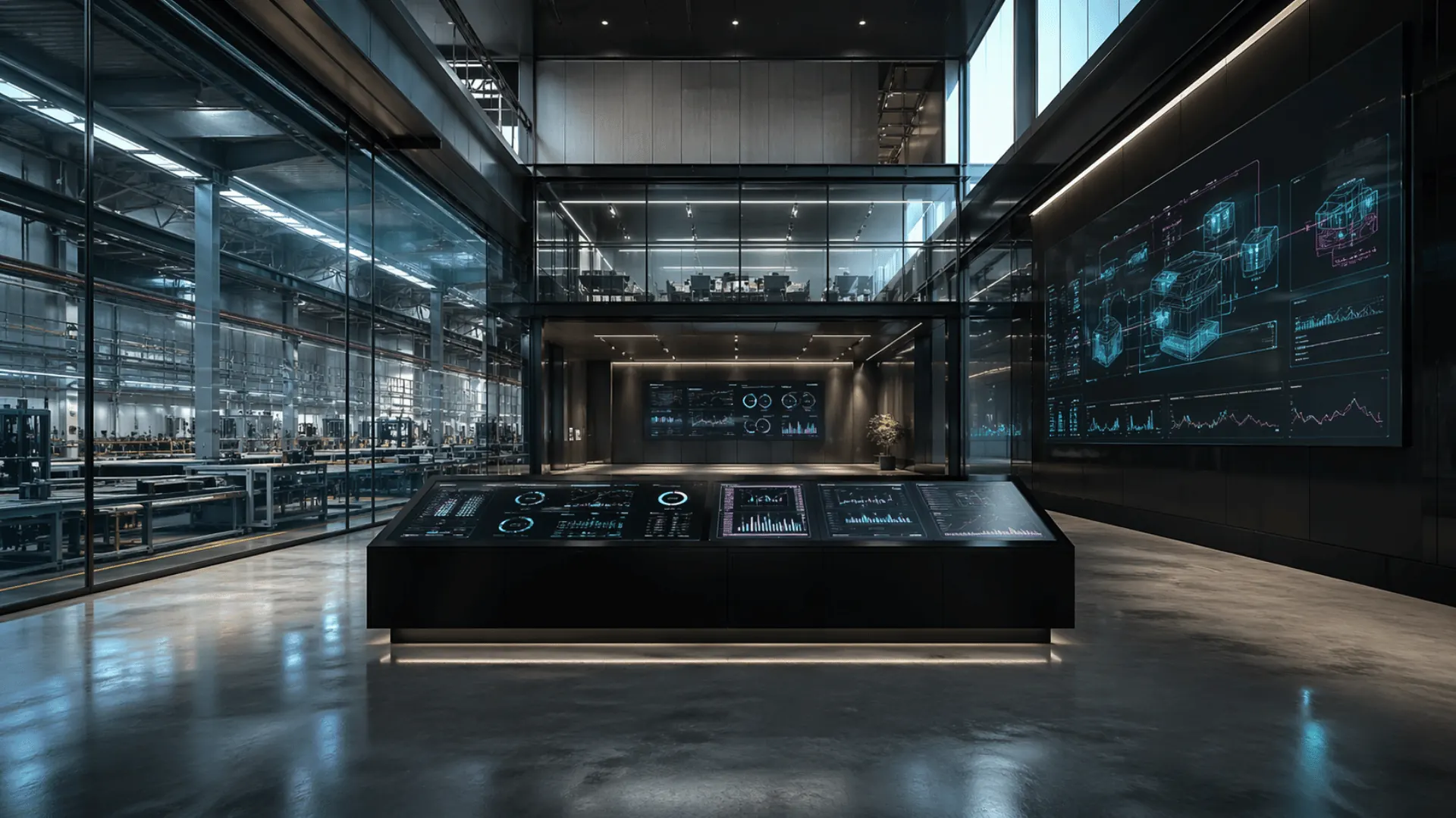 Command room with abstract reporting displays and polished work surfaces