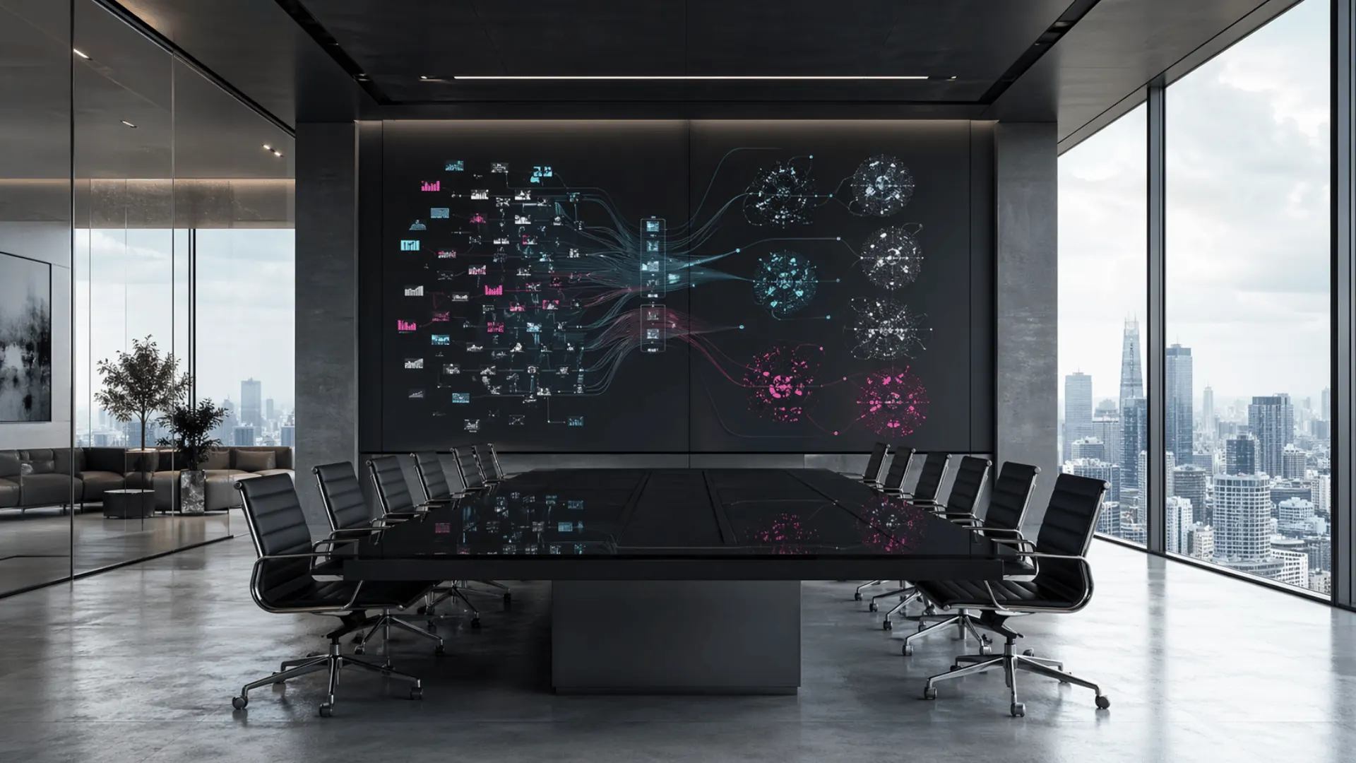 Glass boardroom with research intelligence display and city skyline