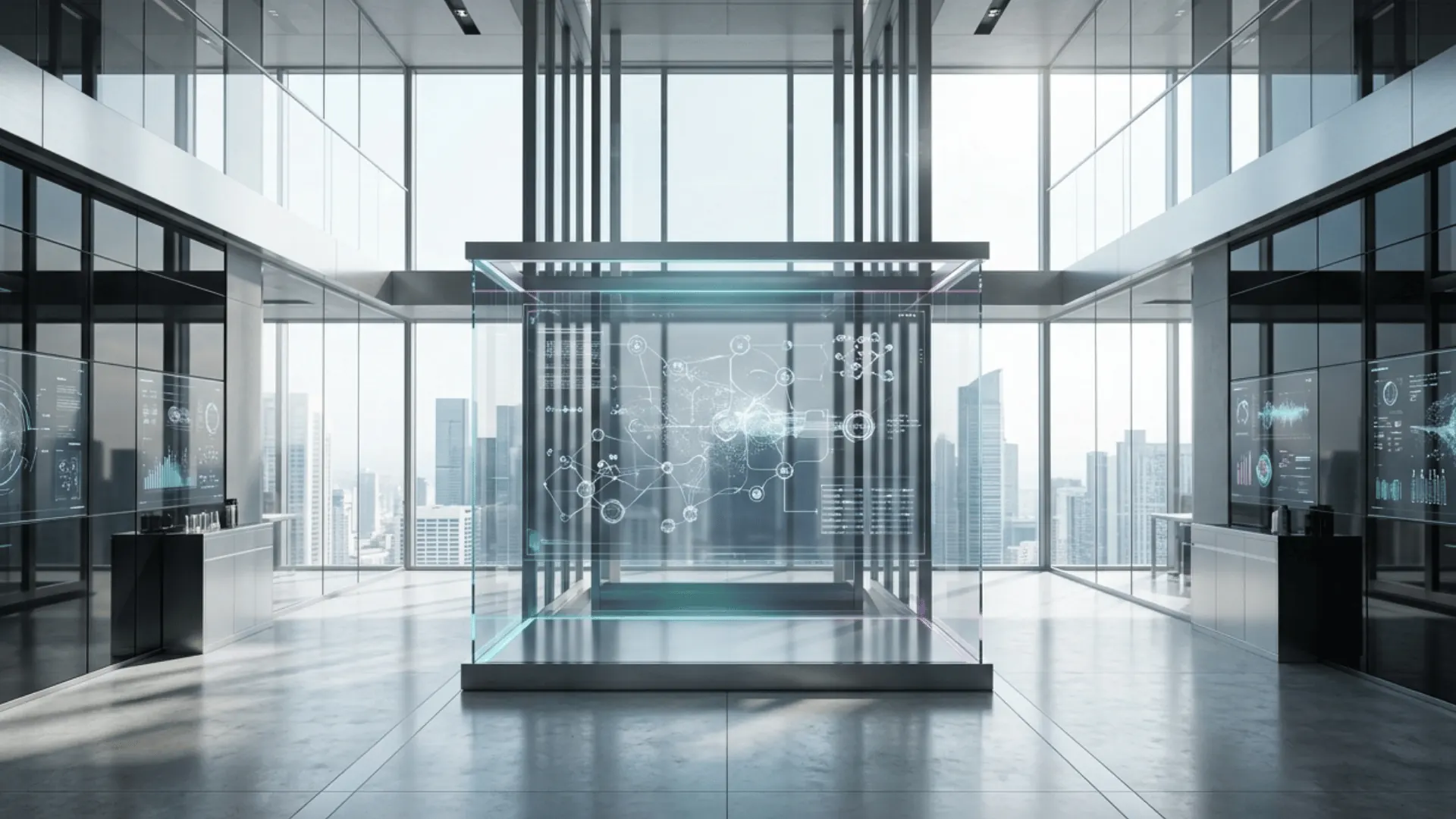 Corporate atrium with abstract data flows across glass and steel levels