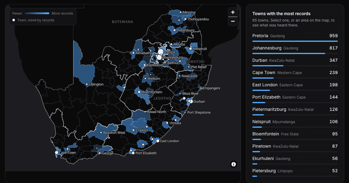 Map of South Africa shading the municipalities where the Commission's records were made, with Pretoria, Johannesburg and Durban holding the most