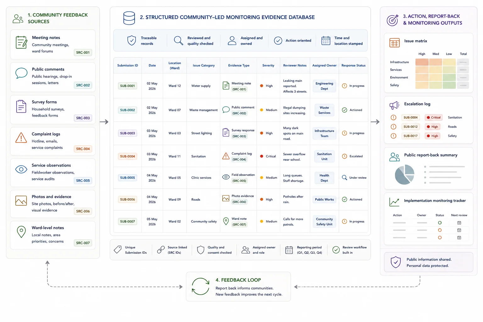 Community feedback becoming evidence, assigned action, report-back, and repeat monitoring