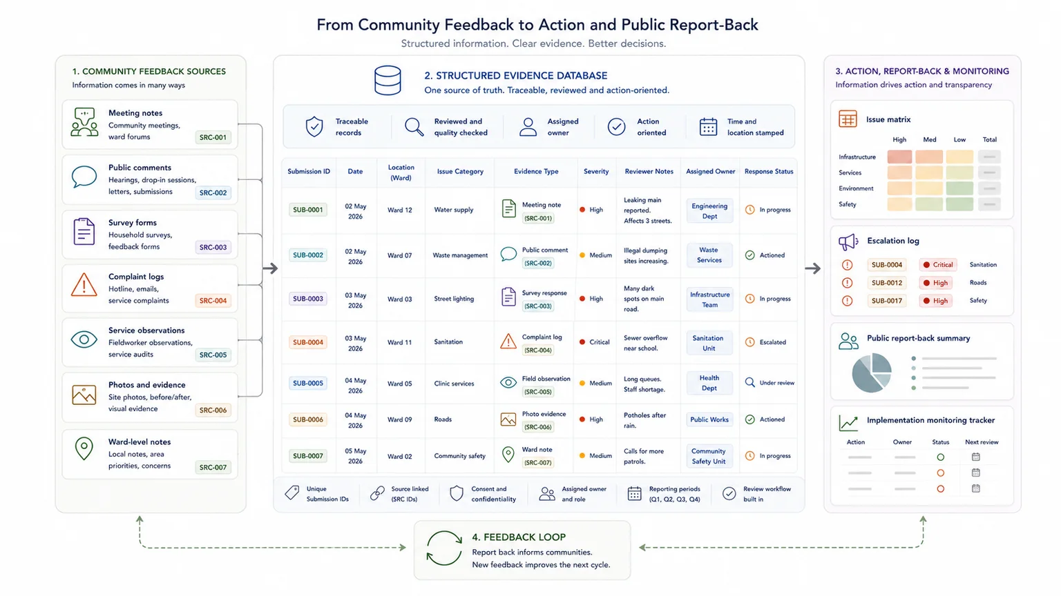 Community-Led Monitoring cycle from defining questions to collecting evidence, analysing, validating, acting, reporting back, and repeating