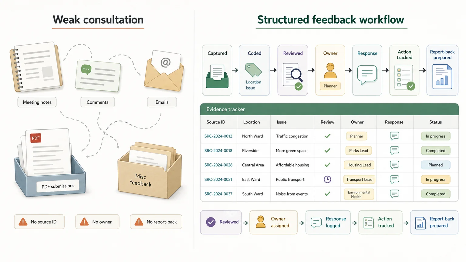 Comparison of broken consultation handling and a structured community feedback workflow with action tracking