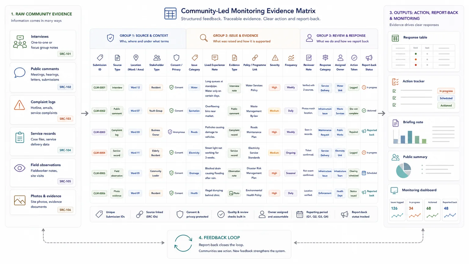 Community-Led Monitoring evidence matrix with feedback source, issue, severity, owner, response, and report-back status