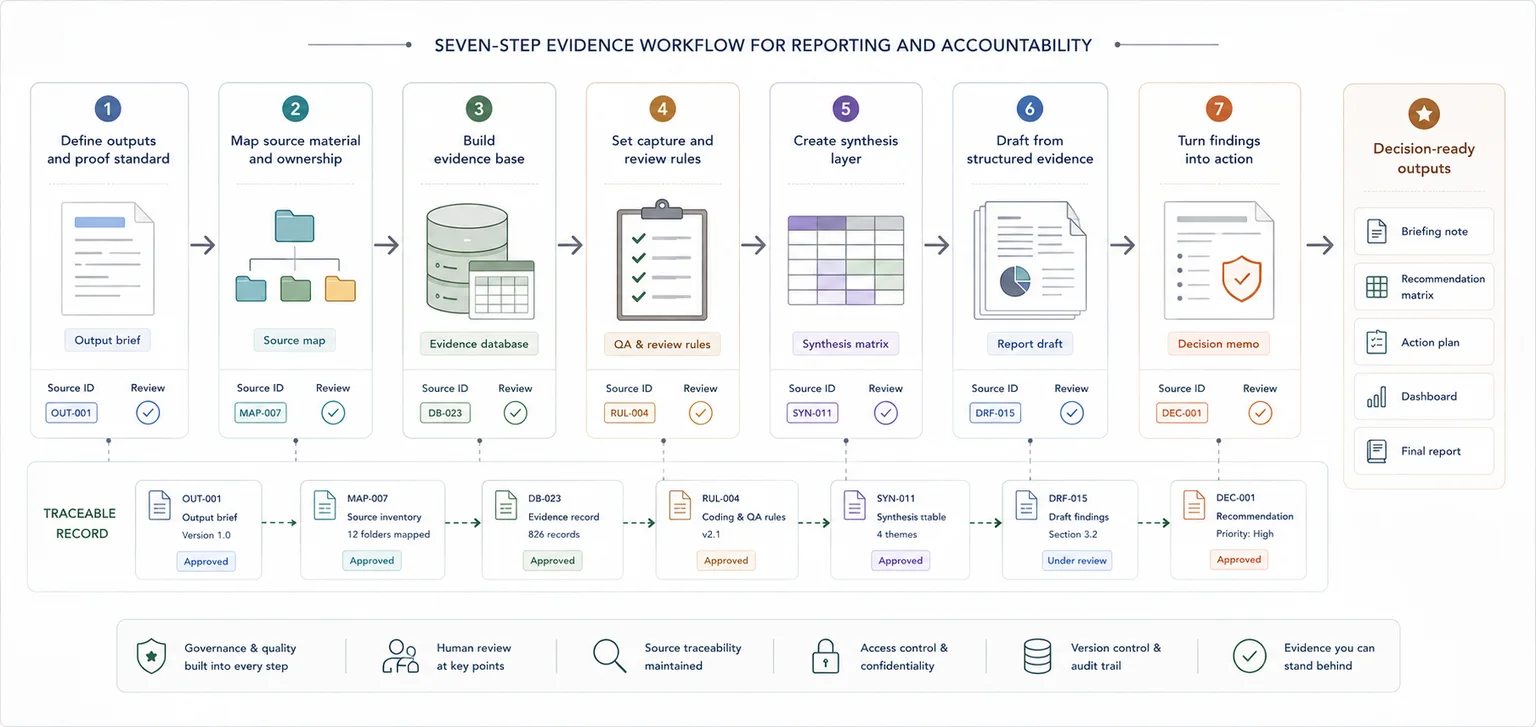 Seven-step evidence workflow from output definition to source mapping, evidence base, rules, synthesis, drafting, and decision-ready outputs