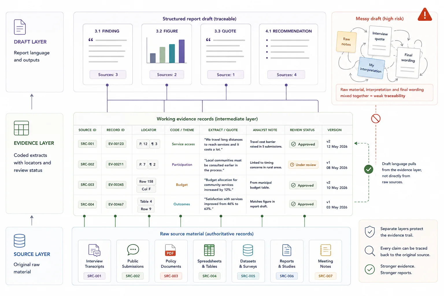 Three-layer source traceability workflow separating raw source material, working evidence, and draft report language