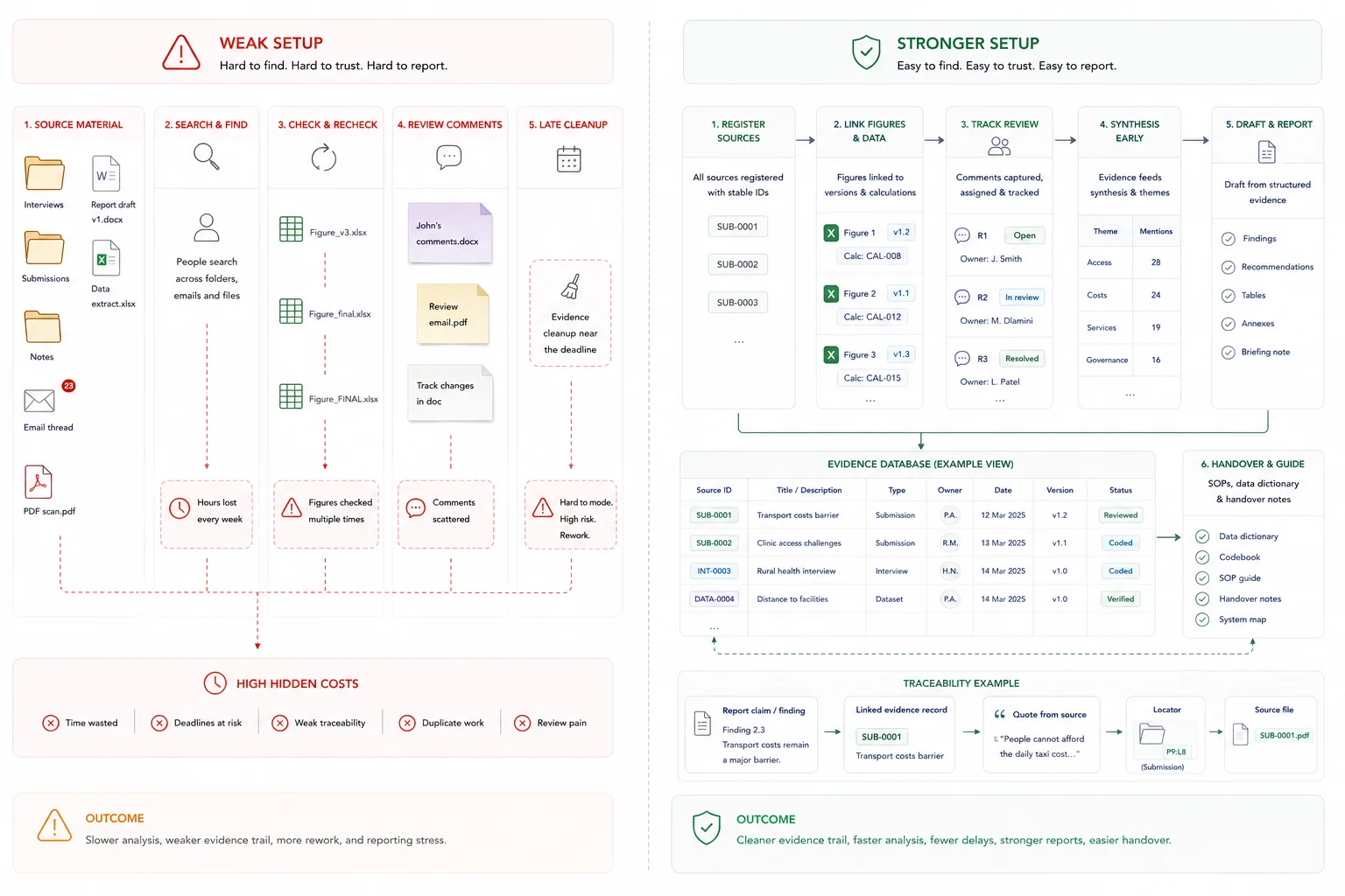 Comparison of a weak evidence workflow and a stronger evidence workflow with source controls and cleaner review paths