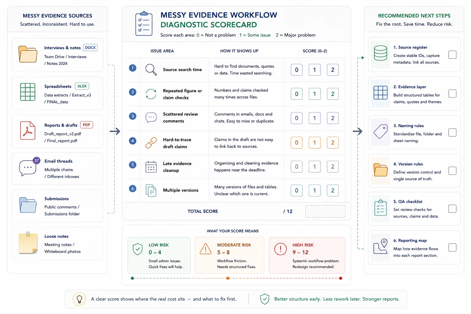 Messy evidence workflow diagnostic scorecard with risk signals, evidence gaps, and handling cost checks