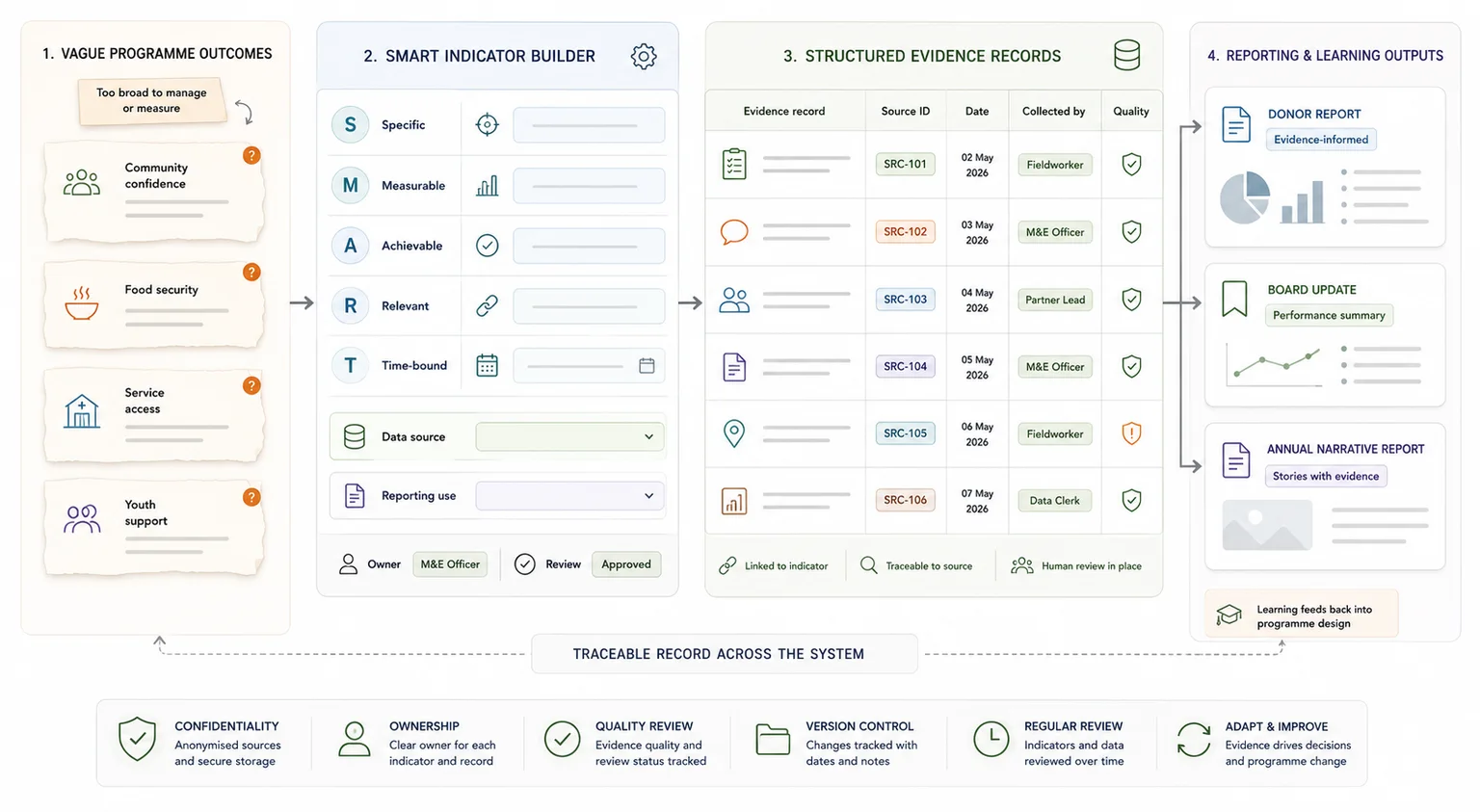 Vague programme outcomes becoming SMART indicators, evidence records, and reporting outputs